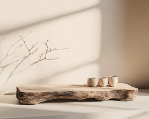 Poster - Wabi-Sabi Minimalism Organic Reclaimed Wood Platform with Handcrafted Ceramics - Sustainable Design Aesthetic for Modern Lifestyle Branding