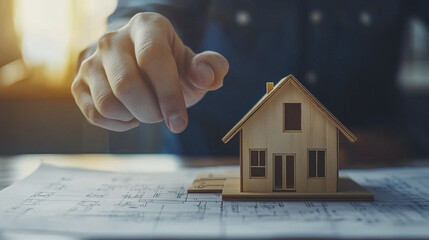 Poster - Miniature wooden house model on blueprints with hand pointing
