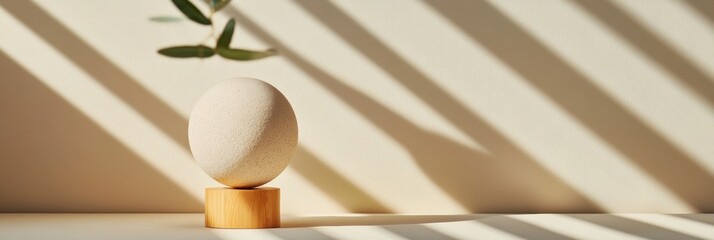 Poster - Minimalist Zen Harmony Organic Sphere Balanced on Wooden Pedestal - Contemporary Mindfulness and Design Meditation for Creative Professionals