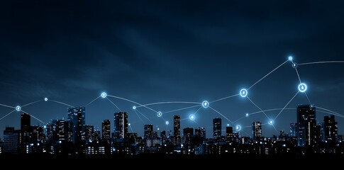 Poster - The city landscape of today is represented by dots and lines that denote high-speed internet, cloud data storage, computing, global market, and global network, generated through stock