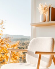 Poster - Minimalist Nordic Remote Workspace Serene Autumn Landscape Meets Cozy Scandinavian Design - Inspiring Work-from-Home Wellness Aesthetic for Creative Professionals