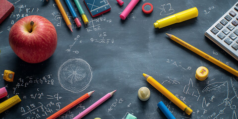 Poster - Dark gray chalkboard background with colored pencils, apple, calculator, and mathematical equations, showcasing education and back-to-school concept, free space for text