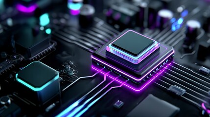 Poster - The concept of a quantum computer is related to large data processing and database ideas, as represented by an isometric CPU banner and the central computer processors CPU concept, which involves