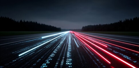 Poster - A digital cityscape features a highway winding through towering binary structures, symbolizing big data, machine learning, and advanced technologies like hyperloop and virtual reality, all connected