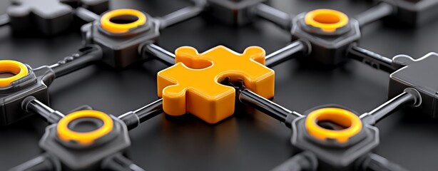 Poster - Glowing puzzle pieces linked in a digital network illustrate the interconnectedness of technology, problem-solving, and connectivity