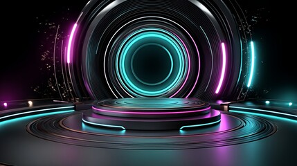 Poster - A 3D podium with a blue neon circle and hologram platform is set against a cyberpunk background with a virtual screen and digital elements