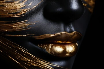 Poster - Minimalist design  golden thread outline of a face on a black background for stunning elegance
