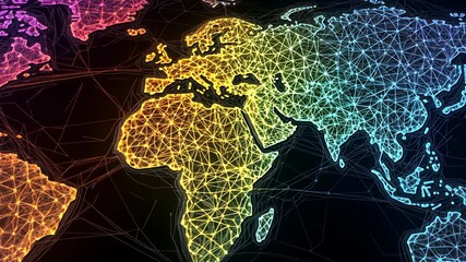 Poster - Abstract world map with connected lines, colorful continents with triangular shapes, digital global network connection on a dark backdrop.
