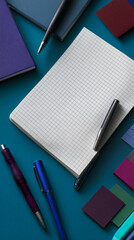 Fototapete - Blank grid notebook surrounded by pens and colored notepads on teal background, showcasing a workspace mockup with free space for text or branding