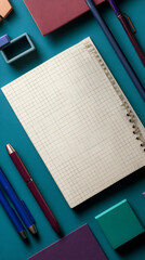 Aufkleber - Flat lay of grid notebook, pens, and colored paper on teal background.  Showcase of stationery, ideal for organization, education, or office concepts. Free space for text