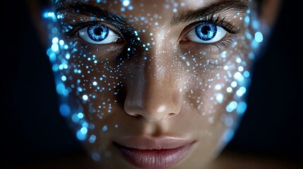 A futuristic and modern stock image featuring a cyborg face, a humanoid AI face, set against a cyber tech background with a digital human and AI wallpaper, complete with glowing binary code shaped