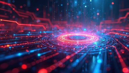 Aufkleber - Digital system resilience concept in IT technology. Cyber security illustration highlights cloud computing, data protection. Innovative tech visualization with glowing red, blue lights circuits.