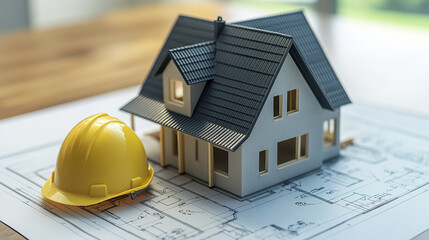 Poster - Model house on architectural plan with yellow hard hat nearby