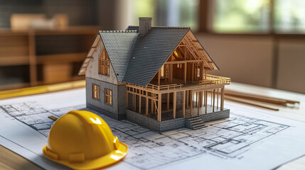 Poster - Model of house on architectural plans with hard hat nearby