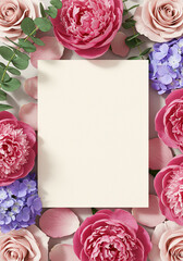 Poster - Blank card surrounded by pink flowers. Peonies, roses and hydrangea frame paper. Beautiful floral arrangement with copy space. Floral theme with soft colors. Empty paper and flower design.