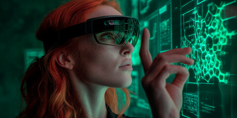 Poster - woman with red hair uses augmented reality glasses, interacting with a holographic green interface s