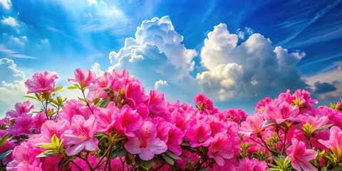 Wall Mural - Vibrant pink azalea flowers in full bloom stand out against a bright blue sky with fluffy white clouds under warm sunlight , pink azaleas, floral arrangement
