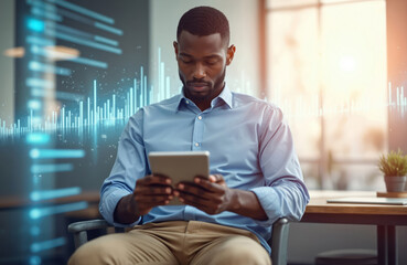 Poster - Black man in office analyzing data on tablet. Digital overlay, futuristic technology, data analysis and network. Cyber hologram design, innovative tech business, pro workplace.