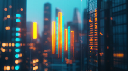 Aufkleber - Abstract image of glowing orange and blue bars against a blurred cityscape background, suggesting growth, progress, and urban development