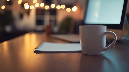 Poster - Cozy Workspace with Mug Notebook and Soft Ambient Lighting Perfect for Remote Work and Study