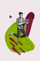 Poster - 3d sketch image vertical collage of purposeful businessman businesswoman jump arrow career development aim achievement