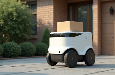 Poster - Autonomous delivery robot in front of house. Modern tech with cardboard box for fast package shipping. Smart courier service, unmanned vehicle with goods. Automated contactless delivery.