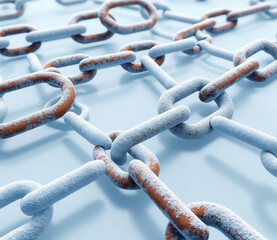 Poster - USA and global trade war. Close-up of weathered metal chains interconnected on a light background.