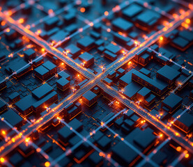 Aufkleber - Abstract digital cityscape with illuminated grid patterns and geometric shapes.