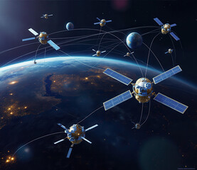 Poster - USA and global trade war. Spacecraft orbiting Earth, connected through high-tech networks.