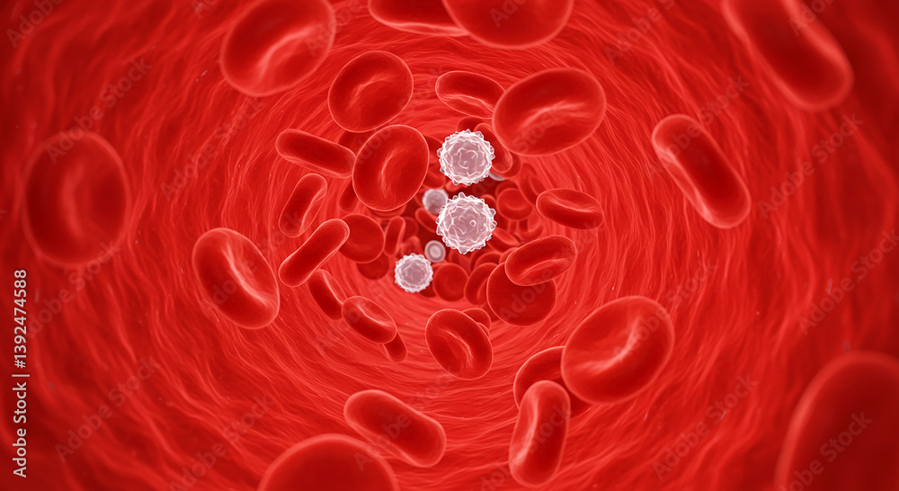 Red blood cells flow. Red cells and white cells in blood stream ...