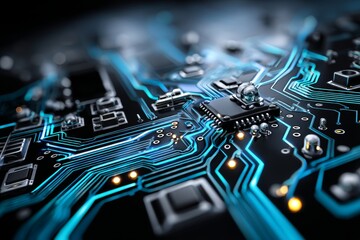 Poster - An abstract technology background is depicted, showcasing a distinctive blue circuit board pattern