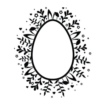 Happy Easter Vector Creative Greeting Frame or Banner Template Decorated Easter Egg, Bunny Ears Spring Flowers and Plants decorations Silhouette style Ornamental Egg Creative Easter and Spring Design.