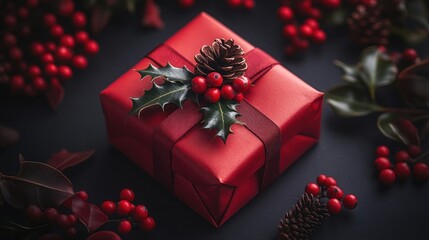 festive red gift box decorated with holly, pine cones, and red berries