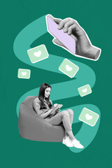 Poster - Creative art collage of person with mobile phone fall likes on green color background