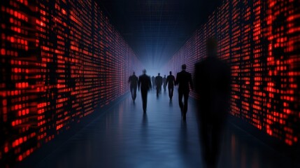Poster - a high-tech environment depicting silhouetted figures in a digital corridor highlighting modern busi