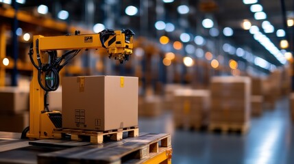 Poster - automated robotic arm handling packages in a modern warehouse setting with soft focus on background 