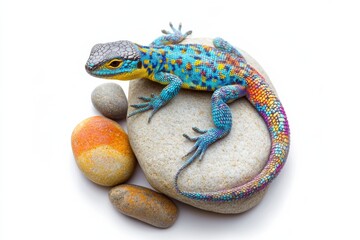 Aufkleber - Colorful lizard resting on textured rock against white background showcasing vibrant patterns and striking features