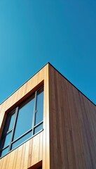 Poster - Modern building exterior with wooden panels blue sky. Minimalist architectural style. Large window reflects the sky. Residential home facade. Contemporary design.