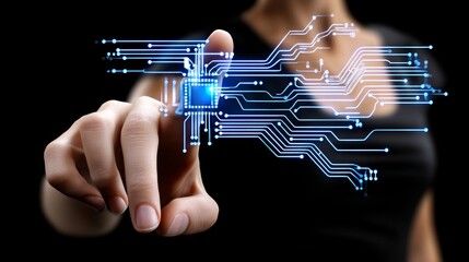 Poster - With stock market data and information technology at her disposal, a businesswoman in a business office center clicks on a holographic stock display