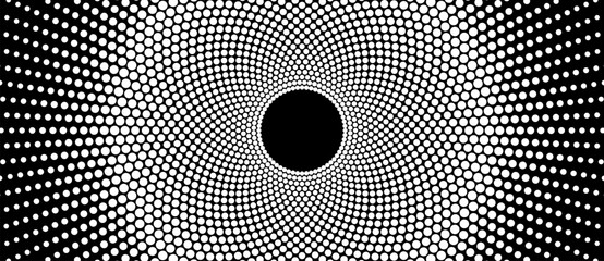 Leinwandbilder - Halftone round as icon or background. Sun concept. Abstract vector circle frame with dots as logo or emblem. White dots on a black background.