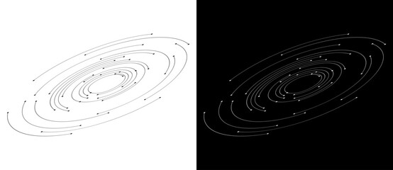 Fototapete - Dynamic lines and dots in perspective. Spiral like big data, speed or space concept. Black shape on a white background and the same white shape on the black side.