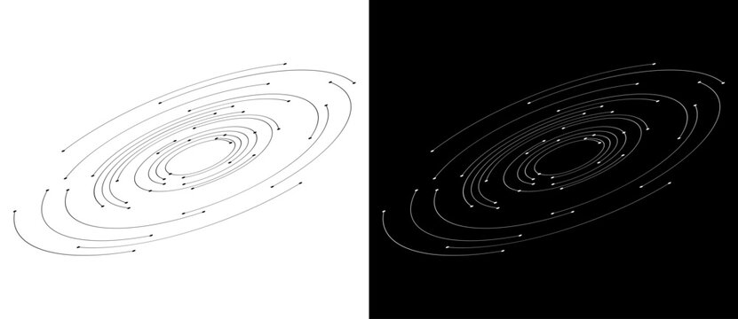 Dynamic lines and dots in perspective. Spiral like big data, speed or space concept. Black shape on a white background and the same white shape on the black side.
