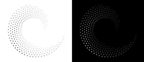 Poster - Modern abstract background. Halftone dots in spiral form. Round logo, design element or icon. Vector dotted frame. A black figure on a white background and an equally white figure on the black side.