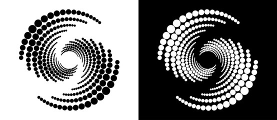 Leinwandbilder - Circle abstract background with dynamic halftone dots in spiral. Yin and yang style. Black shape on a white background and the same white shape on the black side.