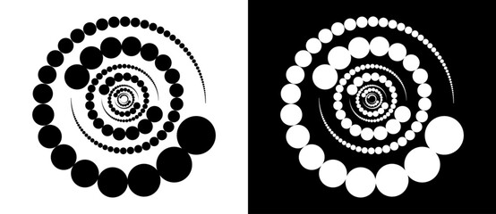 Poster - Circle abstract background with dynamic halftone dots in spiral. Yin and yang style. Black shape on a white background and the same white shape on the black side.