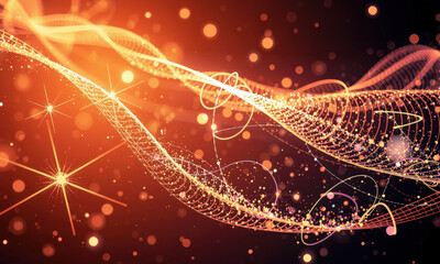 Poster - vibrant abstract background featuring glowing waves and sparkling particles in warm orange tones, creating sense of energy and movement