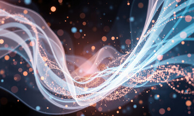 Poster - mesmerizing abstract image featuring flowing waves of light in blue and pink hues, interspersed with glowing particles, creating sense of movement and energy