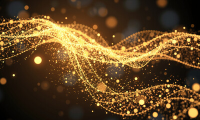 Poster - mesmerizing display of golden waves and particles, creating sense of movement and energy in dark background. This evokes feelings of wonder and beauty