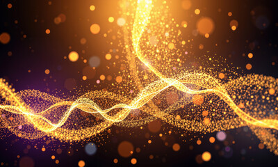 Poster - mesmerizing display of golden particles and waves, creating sense of energy and movement in dark background. vibrant colors evoke feeling of excitement and wonder