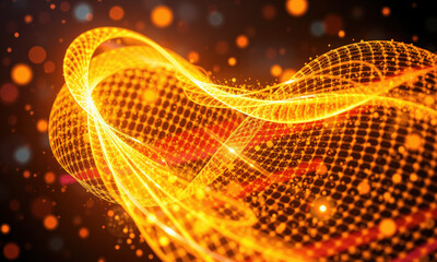 Poster - vibrant abstract representation of energy waves, featuring glowing orange lines and particles against dark background, creating sense of motion and dynamism